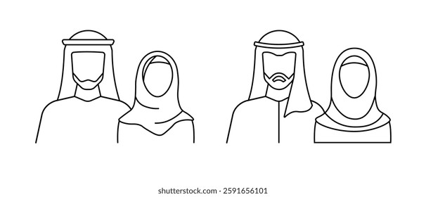 A minimalistic outline logo of a Muslim family, featuring a man and woman in traditional Arabian dress, symbolizing faith, culture, and community.