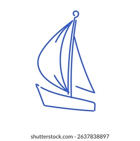 Minimalistic outline of sailing boat drawn with single blue line. Hand-drawn sketch style sailboat silhouette. Nautical and sea travel concept