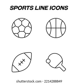 Minimalistic outline signs drawn in flat style. Editable stroke. Vector line icon set with symbols of volleyball, football, baseball, table tennis