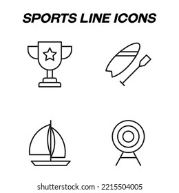 Minimalistic outline signs drawn in flat style. Editable stroke. Vector line icon set with symbols of winner cup, rowing, sail ship, shooting range 