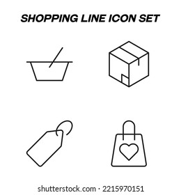 Minimalistic outline signs drawn in flat style. Editable stroke. Vector line icon set with symbols of shopping basket, box, price, label, heart on shopping bag