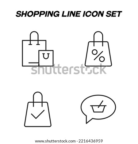 Minimalistic outline signs drawn in flat style. Editable stroke. Vector line icon set with symbols of shopping bag, percent, check mark, shopping basket inside of speech bubble 
