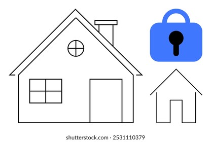 A minimalistic outline of two houses with a blue lock symbol. Ideal for themes of home security, property protection, safety, residential care, real estate. Simple and clean style