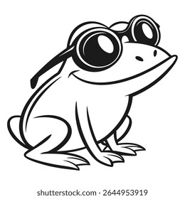 A minimalistic outlined graphic of a cartoon frog wearing oversized round glasses presents a cute and whimsical subject; the frog is smiling and is set against a clean, white background.