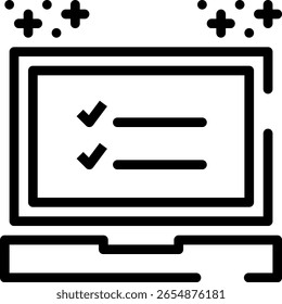 Minimalistic outlined icon of a laptop displaying a checklist interface, representing organization, progress tracking, and digital task management in a simple line art style.