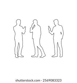 Minimalistic outlines of three businessmen in formal attire using smartphones, representing modern communication, digital networking, and professionalism with a clean design.