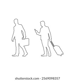 Minimalistic outlines of two businessmen, one carrying a briefcase and the other pulling luggage while using a smartphone, symbolizing business travel, mobility, and professional communication.