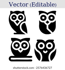 minimalistic owl vector icons in black and white. set of four editable owl silhouettes for logos and designs. modern owl designs for branding and creative projects.
