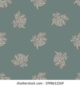 Minimalistic pale seamless pattern with doodle forest tree silhouettes. Blue pale background. Season backdrop. Stock illustration. Vector design for textile, fabric, giftwrap, wallpapers.