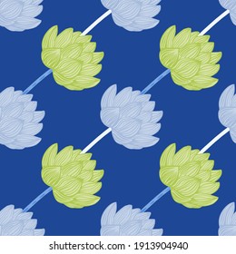 Minimalistic pale tones seamless pattern with light blue and yellow lotus elements shapes. Navy blue background. Great for fabric design, textile print, wrapping, cover. Vector illustration.