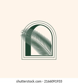 Minimalistic palm tree leaf coming out from arch window silhouette logo design template for exotic summer vacation or cosmetic industry. Isolated on white background. Vector illustration