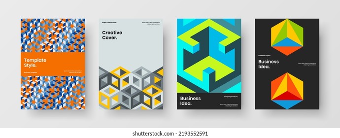 Minimalistic pamphlet design vector illustration set. Vivid mosaic hexagons flyer concept collection.