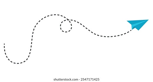 Plano de papel minimalista com uma trajetória de voo pontilhada.