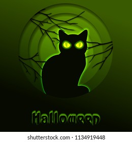 Minimalistic papercut design with a glowing cat halloween silhouette. 