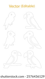 minimalistic parrot vector illustrations with editable line drawings. clean line art of parrots in symmetrical arrangement. six parrot poses in customizable monochromatic style.
