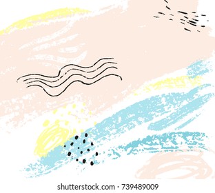 Minimalistic pastel background with black ink strokes. Abstract texture with pink and blue stains. Delicate pastel background