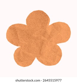Minimalistic pastel crumpled paper flower shape on white background. Simple sticker from torn notebook page with jagged edges, gritty dotted texture, halftone.