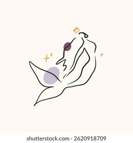 Minimalistic pastel palette mermaid princess silhouette undine modern abstract linear painting, seamaiden icon and logo elements, graphic outline style for surf or spa and yoga studio. Vector line