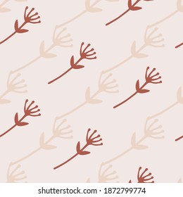 Patrón minimalista pastel sin costuras con formas abstractas de flores. Siluetas botánicas borgoñas y beige sobre un fondo claro. Impresión decorativa para papel pintado, envoltura, impresión textil, tela. Vector