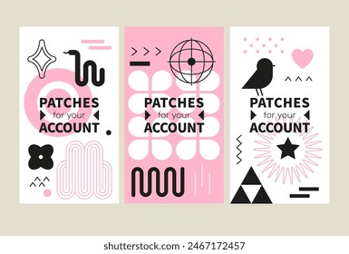 Minimalistic patches for your account- set of vector template illustrations on white and pink background with place for info. Three vertical posters of high quality for business. Silhouettes and icons