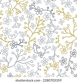 Patrón minimalista de flores beige y grises en un fondo claro.