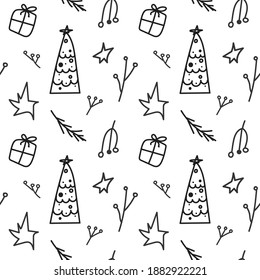 Minimalistic pattern with christmas tree, stars, gifts and branches of berries on a white background