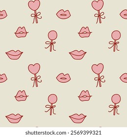 Minimalistic pattern in doodle style. Hand drawn elements. Vector illustration of cute lolipops and lips. Design for Valentine.s day.