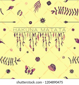 minimalistic pattern of Hakuna mata. plants, algae, shells.