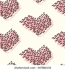 Minimalistic pattern hearts in memphis style in pink and black color.