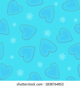 Minimalistische Muster mit Herzen und Schneeflocken auf blauem Hintergrund. Vektorzeichen.