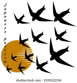 Minimalistic pattern in Japanese style. Flock of swallow birds fly into bright sun. White background and black birds. Vector illustration, birds in form of hieroglyphs.