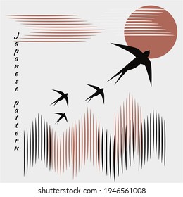 Minimalistic pattern in Japanese style. Flock of swallows flies into bright sun, mountains, clouds. White background and black birds. Vector illustration, birds in form of hieroglyphs.