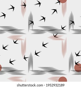 Minimalistic pattern in Japanese style. Flock of swallows flies to bright sun, forest, mountains, clouds. White background and black birds. Vector seamless illustration, birds in form of hieroglyphs.
