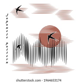 Minimalistic pattern in Japanese style. Flock of swallows flies to bright sun, tree, mountains, clouds. White background and black birds. Vector illustration, birds in form of hieroglyphs.