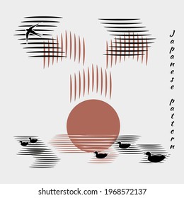 Minimalistic pattern in Japanese style. Swallows, seagulls flies into sun or sits on water. Sea, sunset, clouds on white background with black birds. Vector illustration, birds in form of hieroglyphs.