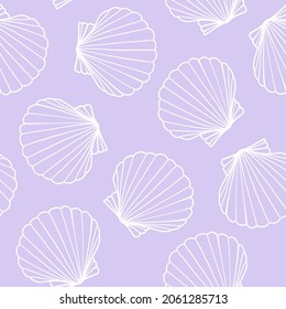 Minimalistic pattern with linear seashells on a purple background. Vector seamless print.