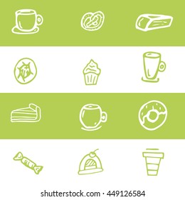 Minimalistic pattern made from candy. Striped white and green background. form strips made of candy, sweets, tea and coffee. Vivid shape, made from tea and coffee things.