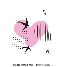 Patrón minimalista de estilo oriental. La bandada de golondrinas vuela a la luz. objetos abstractos, puntos, puntos y sombras con tinta y plumas negras. Ilustración vectorial, aves en forma de jeroglíficos.