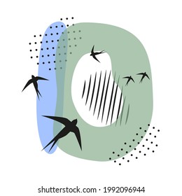 Minimalistic pattern an oriental style in form of letter D. Flock of swallows flies. Abstract objects, spots, dots, shadows in black ink and feather. Vector illustration, birds in form of hieroglyphs.