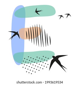 Minimalistic pattern an oriental style in form of letter E. Flock of swallows flies. Abstract objects, spots, dots, shadows in black ink and feather. Vector illustration, birds in form of hieroglyphs.