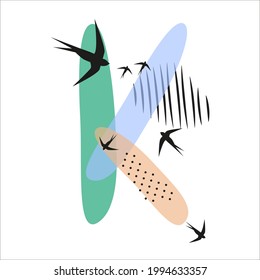Minimalistic pattern an oriental style in form of letter K. Flock of swallows flies. Abstract objects, spots, dots, shadows in black ink and feather. Vector illustration, birds in form of hieroglyphs.