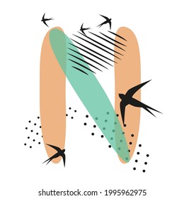 Minimalistic pattern an oriental style in form of letter N. Flock of swallows flies. Abstract objects, spots, dots, shadows in black ink and feather. Vector illustration, birds in form of hieroglyphs.