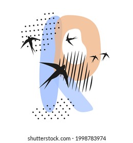 Minimalistic pattern an oriental style in form of letter R. Flock of swallows flies. Abstract objects, spots, dots, shadows in black ink and feather. Vector illustration, birds in form of hieroglyphs.