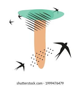 Minimalistic pattern an oriental style in form of letter T. Flock of swallows flies. Abstract objects, spots, dots, shadows in black ink and feather. Vector illustration, birds in form of hieroglyphs.
