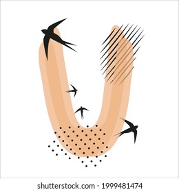 Minimalistic pattern an oriental style in form of letter U. Flock of swallows flies. Abstract objects, spots, dots, shadows in black ink and feather. Vector illustration, birds in form of hieroglyphs.
