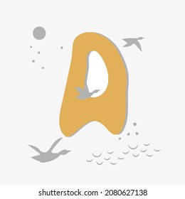Minimalistic pattern in oriental style in form of letter A. Flock of birds, ducks are flying. Abstract objects, spots, points, shadows. Vector illustration, for logo design, banners.