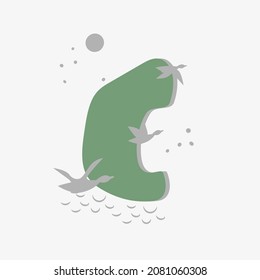 Minimalistic pattern in oriental style in form of letter C. Flock of birds, ducks are flying. Abstract objects, spots, points, shadows. Vector illustration, for logo design, banners.