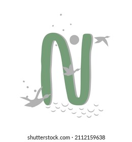 Minimalistic pattern in oriental style in form of letter N. Flock of birds, ducks are flying. Abstract objects, spots, points, shadows. Vector illustration, for logo design, banners.