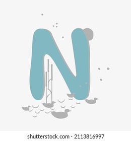 Minimalistic pattern in an oriental style in form of letter N. Flock of birds, ducks flying, reeds growing by lake. Abstract objects, spots, points, shadows. Vector illustration, for logo design