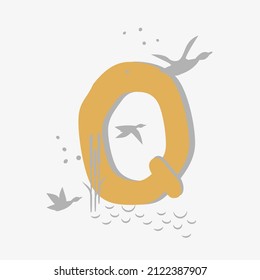 Minimalistic pattern in an oriental style in form of letter Q. Flock of birds, ducks flying, reeds growing by lake. Abstract objects, spots, points, shadows. Vector illustration, for logo design